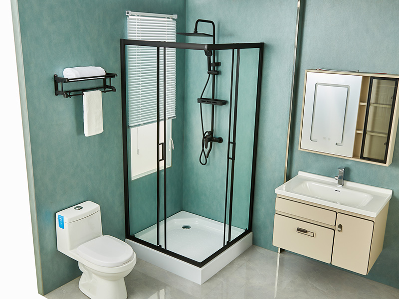 SQ Sürgülü Duş Kabini, Şeffaf Temperli Cam, Siyah Alüminyum Profil, Çift Delikli Kulp, Tepsili SQ Sürgülü Duş Kabini, Şeffaf Temperli Cam, Siyah Alüminyum Profil, Çift Delikli Kulp, Tepsili